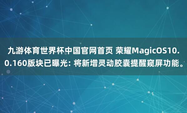 九游体育世界杯中国官网首页 荣耀MagicOS10.0.160版块已曝光: 将新增灵动胶囊提醒窥屏功能。